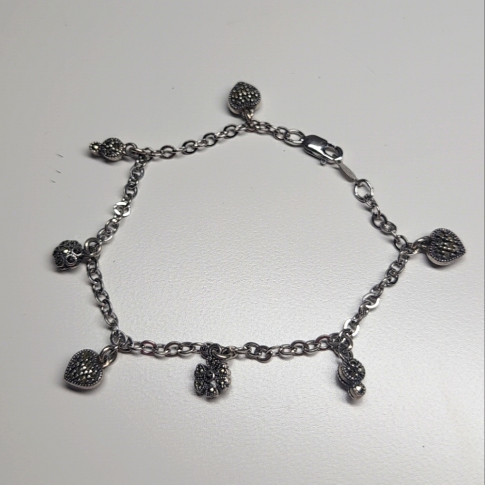 Judith Jack Sterling Silver Charm Bracelet Hearts Flowers Marcasite